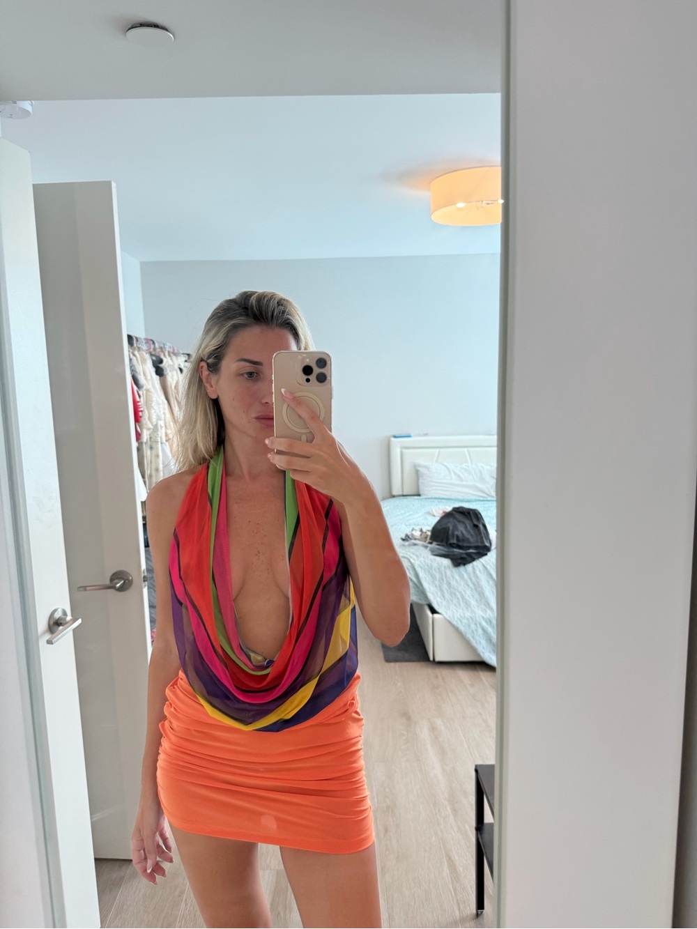 Colorblock Cowl Neck Mini Dress - Multicolor & Orange - one size -elastic fabric